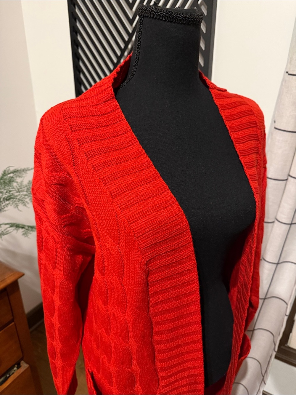Spring 21 Bright Red Longline Open Knit cable knit Cardigan with Pockets medium - Picture 2 of 11